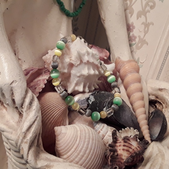 925 VTG. STERLING CAT EYE CORRUGATED BEAD BRACELET - Picture 3 of 8